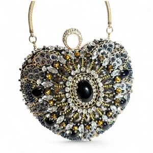 Embellished Heart-Shaped Evening Clutch – Black & Gold Beaded – Statement Purse